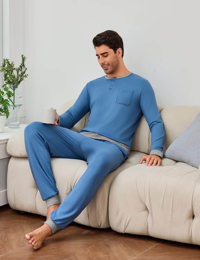 Mens Pyjama Set Winter Pajamas Henley Shirt Plain Color Nightwear For Men Long Sleeve Pjs Top and Full Length Loungewear Bottom With Pockets S-3XL - 5