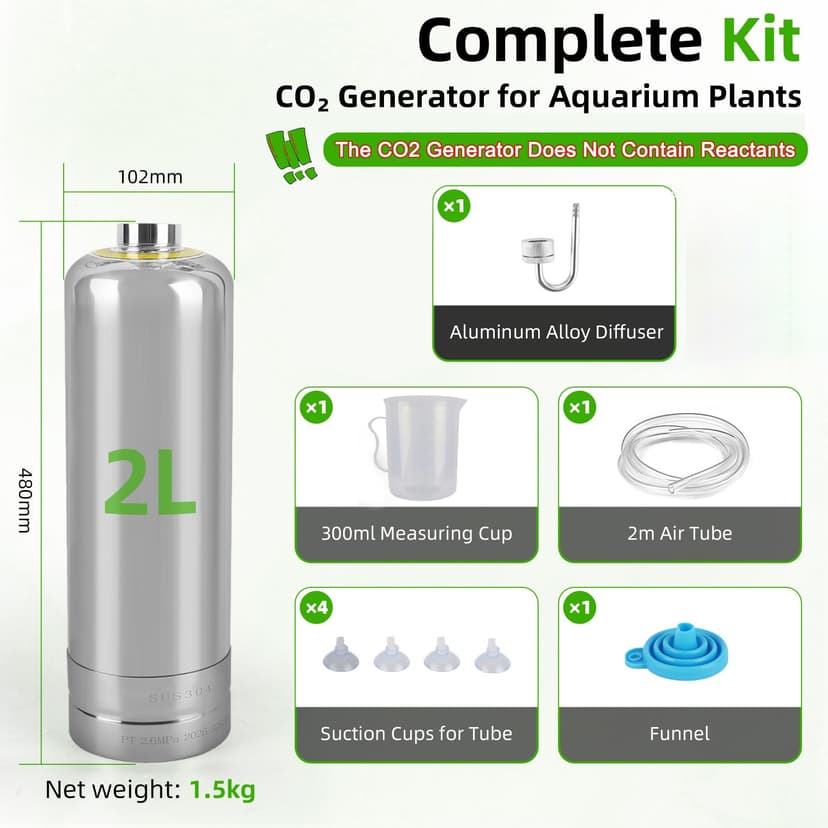 JAOGAUS Aquarium CO2 generator, 2 litre large stainless steel bottle, intelligent gas supply, indispensable for aquarium plant growth, Quick-connect design for easy installation - 6