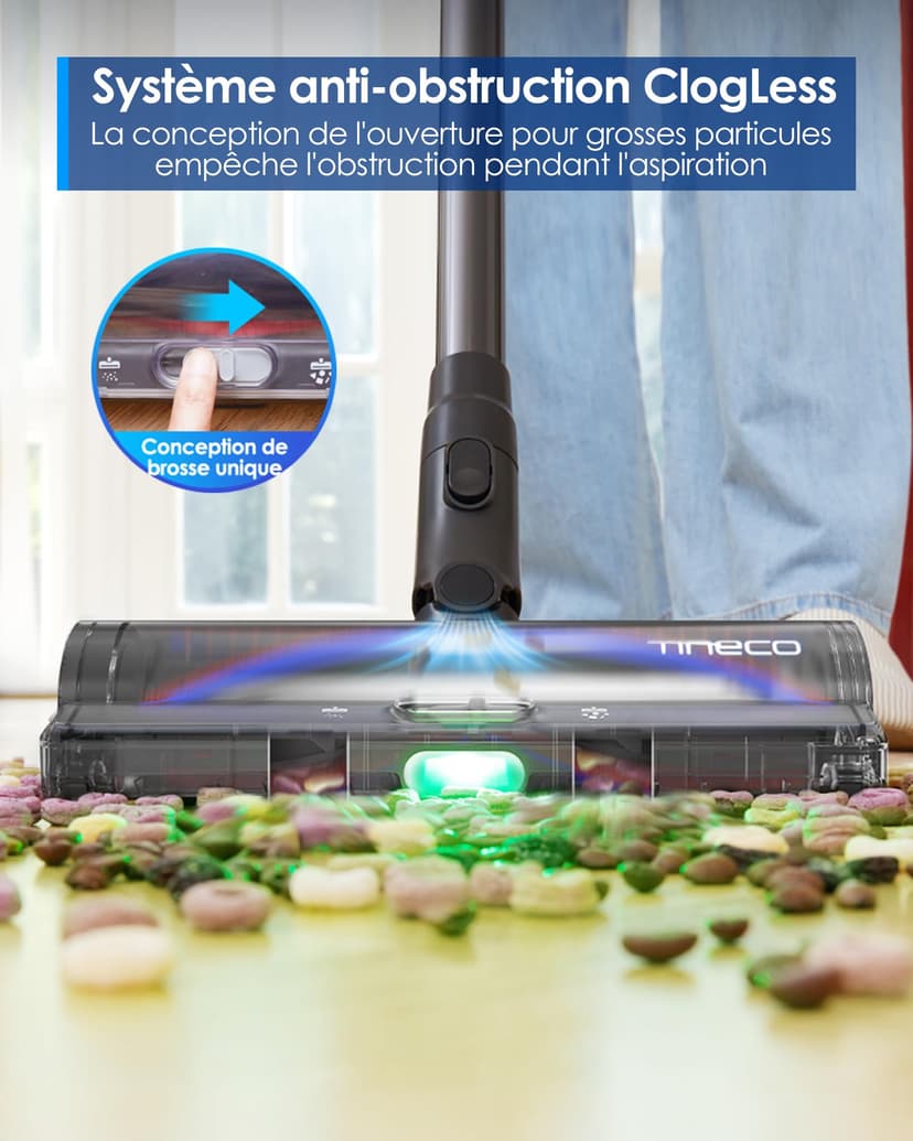 Tineco Pure One S50 Pro Aspirateur Balai sans Fil, Aspiration 200AW, Autonomie 95 Min, Brosse Anti-écheveaux, Tube Pliable à 180°, Eclairage LED Vert à 120°, Elimine Facilement Gros Débris - 6