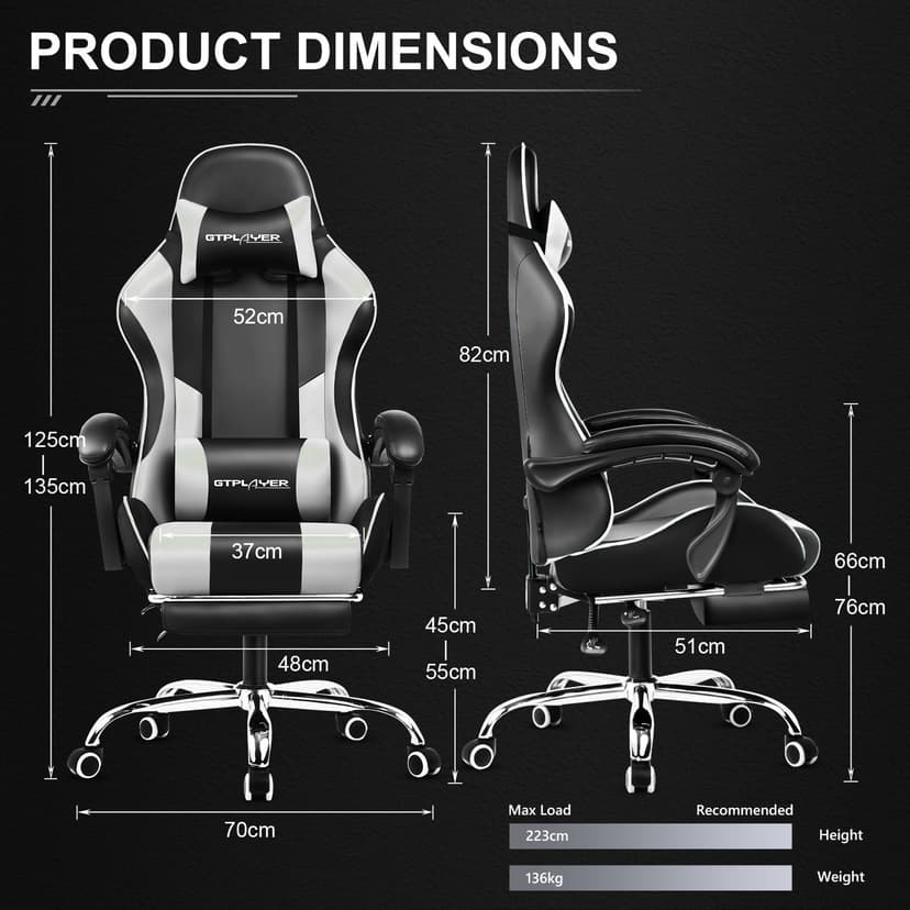 GTPLAYER Gaming Chair, Massage Computer Chairs with Footrest, Headrest and Lumbar Support Height Adjustable Ergonomic 360°-Swivel PC Chair White - 3