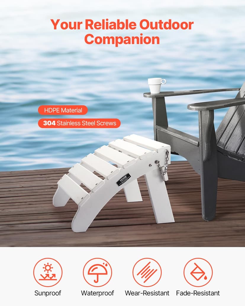 VEVOR Repose-pieds Pliable Adirondack, 450x500x350 mm, en PEHD, Résistant aux Intempéries pour Chaise Adirondack, Montage Facile, pour Extérieur, Patio, Porche, Piscine, Pelouse, Arrière-cour, Blanc - 2