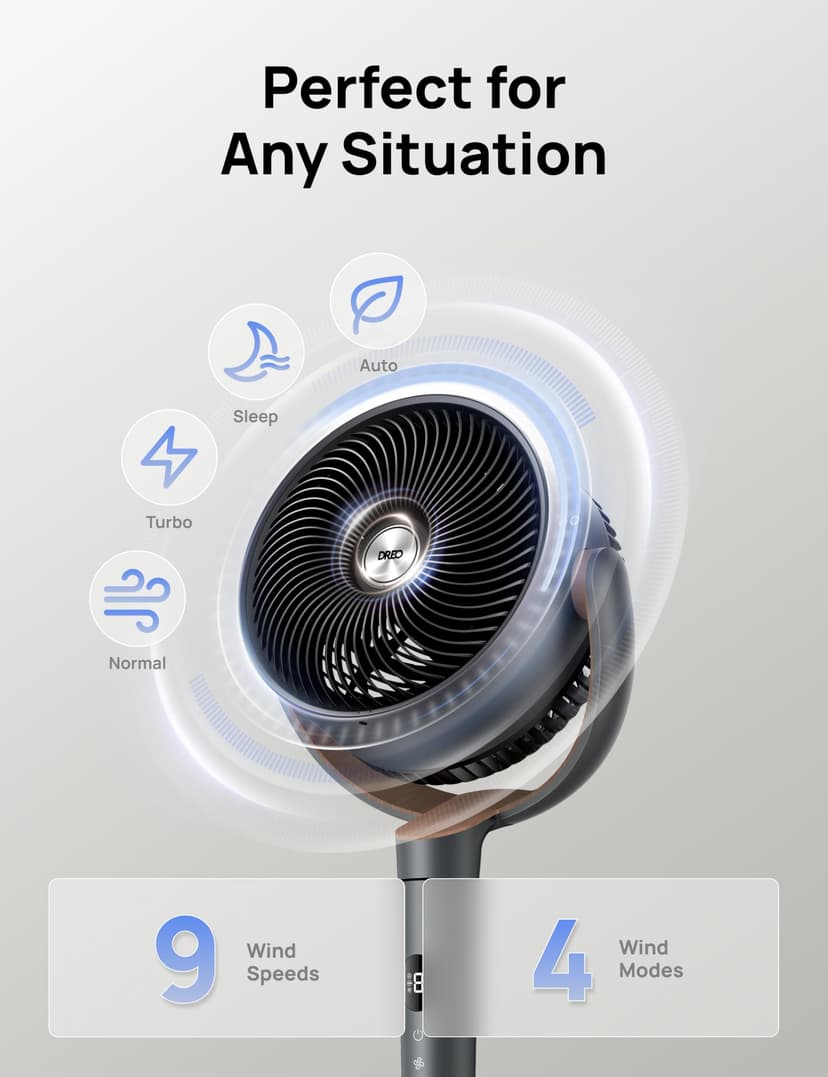 Dreo Fan for Bedroom, 120° Oscillating Standing Pedestal Fan, DC Motor, 80ft Air Circulator for Whole Room, 8 Speeds, 3 modes, 120° Manual Vertical Tilt, Quiet, 23dB, 35-40" Adjustable Height, Timer - 4