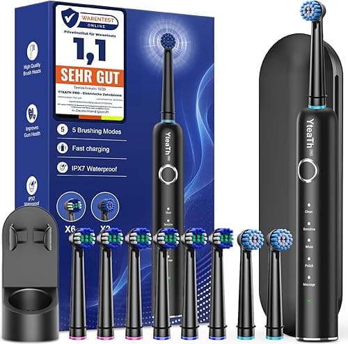 Rotating Electric Toothbrush with 8 Brush Heads (2 Types) for Adults and Kids, 60-Day Battery Life, Wireless Wall Charging Station, 5 Modes Power Toothbrush with Travel Case