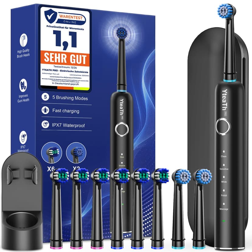 Rotating Electric Toothbrush with 8 Brush Heads (2 Types) for Adults and Kids, 60-Day Battery Life, Wireless Wall Charging Station, 5 Modes Power Toothbrush with Travel Case - 1