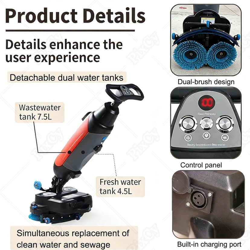 PixCy Laveuse Sol Professionnelle,Carrelage Autolaveuse sans Fil,2 Brosses Motorisées & Réservoirs 4L/6L,240 RPM Nettoyage Profond,pour Sols Durs & Carrelage,Portable Grey - 7