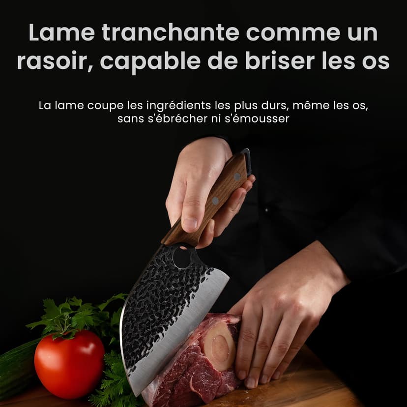 Matsato Couperet de Cuisine Professionnel – Couteau Hachoir en Acier Inoxydable avec Poignée en Bois Carbonisé, Lame de Précision pour Découpe Viande, Volaille, Légumes et Os - 3