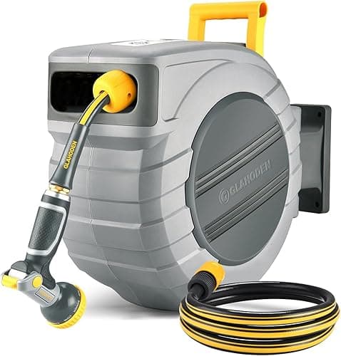 GLAHODEN Retractable Garden Hose Reel 1/2 in x 140 ft, 2025 Upgraded Dual Ratchet Lock UV & Freeze Protection Brass Seal Slow Retraction Anti-Tangle Hose 180°Swivel Reinforced Scaffold Wall Mount