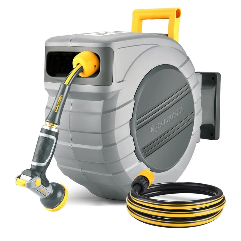 GLAHODEN Retractable Garden Hose Reel 1/2 in x 140 ft, 2025 Upgraded Dual Ratchet Lock UV & Freeze Protection Brass Seal Slow Retraction Anti-Tangle Hose 180°Swivel Reinforced Scaffold Wall Mount - 1