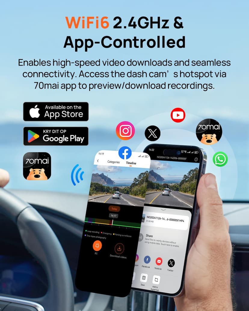 70mai A800SE Dash Cam Car Front Rear 4K UHD+1080P with GPS WiFi, Dual Car Camera with 128GB SD Card, F1.55 Aperture HDR, Night Vision, ADAS, 3 "IPS, 24/7 Parking Monitoring, Supports 512 GB Max - 9
