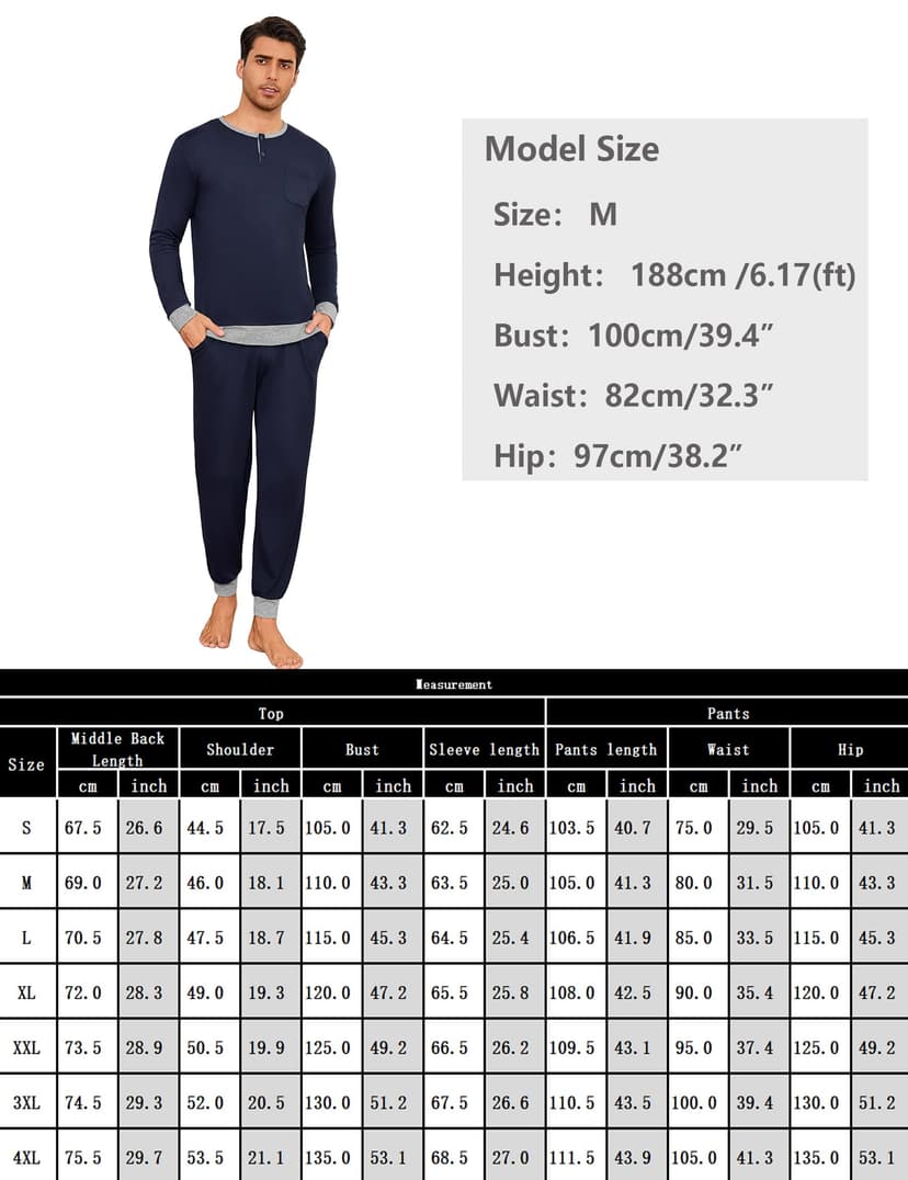Mens Pyjama Set Winter Pajamas Henley Shirt Plain Color Nightwear For Men Long Sleeve Pjs Top and Full Length Loungewear Bottom With Pockets S-3XL - 6