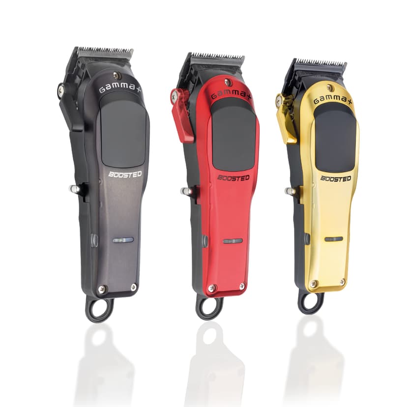 GAMMAPIU' Boosted Professional Modular Clipper 7200 RPM Rotary Motor, 45 mm Blade, Lithium Battery, Set of 8 Professional Dual Magnet Risers, 3 Covers Gold, Red, Black - 3