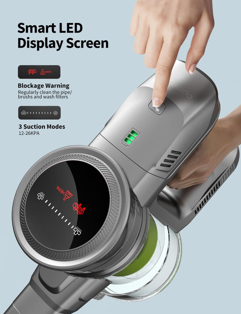 kalado Cordless Vacuum Cleaner KCV01, 26KPA 250W Hoover Cordless, 40 Mins Runtime Removable Battery, Lightweight Self-standing Stick Vacuum Cleaner with LED Display For Hardwood Floor, Carpet (Green) - 6
