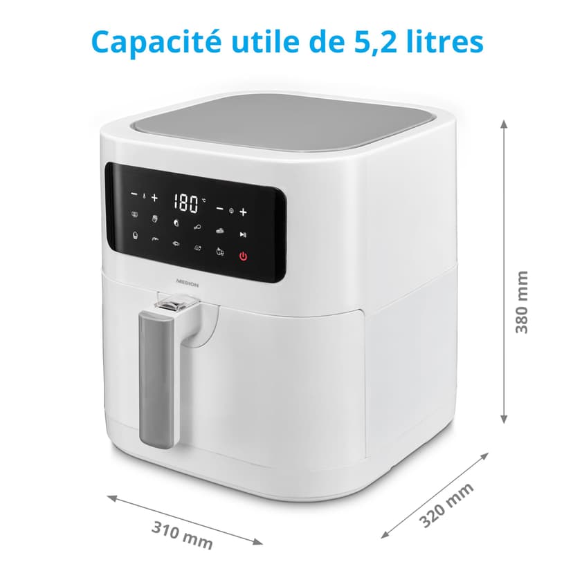 MEDION E40 XL MD11740 Hot Air Fryer (5.2 L, Airfryer, 2150 W, 9 Automatic Programs, Cooking Function, Oil-free Frying, Touch Control Panel, LED Display) White - 8