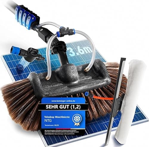 NTG Telescopic Washing Brush 1.68-7m 3-in-1 Brush Head with Extra Soft Bristles + Microfibre Cloth & Squeegee with Water Connector + Soap Dispenser for Windows, Solar (up to 3.6 metres)