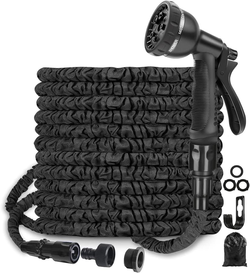 Tuyau d'Arrosage Extensible 15m, Garden Hose avec Noyau en Latex Haute Densité et Gaine en Tissu 1100D, Pistolet 8 Modes, Adaptateurs 1/2" et 3/4", Ultra Léger, Noir - 1