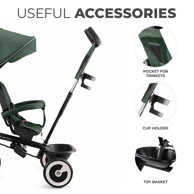 Kinderkraft Aston Tricycle, Baby Push Trike, Kids First Bike, Free Wheel Functions, Parenthandle, Footrest, Accessories, Bag, Cupholder, from 9 Months to 5 Years, Green - 5