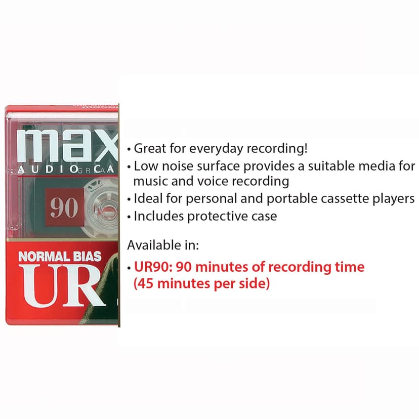 Maxell 108562 UR-90 5PK Normal Bias Audio Cassettes 90 Minute With Cases 5 Pack - 5