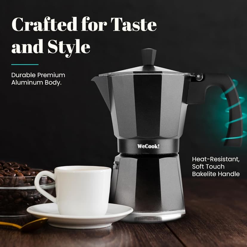 WECOOK! Luccia Italian Coffee Maker, Induction, Aluminium, Express, 1 – 3 Cups Coffee, Suitable for All Kitchens, Black, Silicone Seal Seal, Safety Valve. - 4