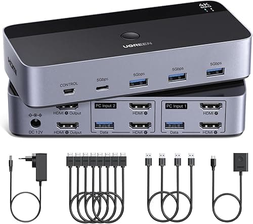 UGREEN HDMI KVM Switch 2 Monitors 2 Computers Support 4K@60Hz, 4 Port USB3.0 KVM Switches for 2 Computers Share Keyboard/Mouse/Hard Drives and 2 Monitor, KVM with 2 USB Cables and 4 HDMI Cable