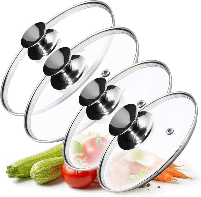 KADAX Glass Lid with Silver Handle for Pots, Saucepans and Frying Pans, Heat-Resistant Lid with Steam Vent (Set of 4: 20 cm, 24 cm, 26 cm, 28 cm) - 1