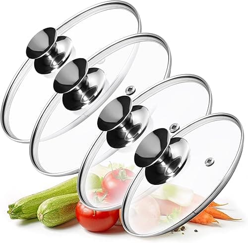 KADAX Glass Lid with Silver Handle for Pots, Saucepans and Frying Pans, Heat-Resistant Lid with Steam Vent (Set of 4: 20 cm, 24 cm, 26 cm, 28 cm)