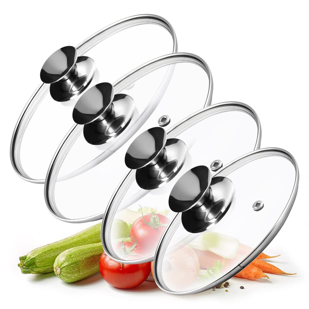 KADAX Glass Lid with Silver Handle for Pots, Saucepans and Frying Pans, Heat-Resistant Lid with Steam Vent (Set of 4: 20 cm, 24 cm, 26 cm, 28 cm)