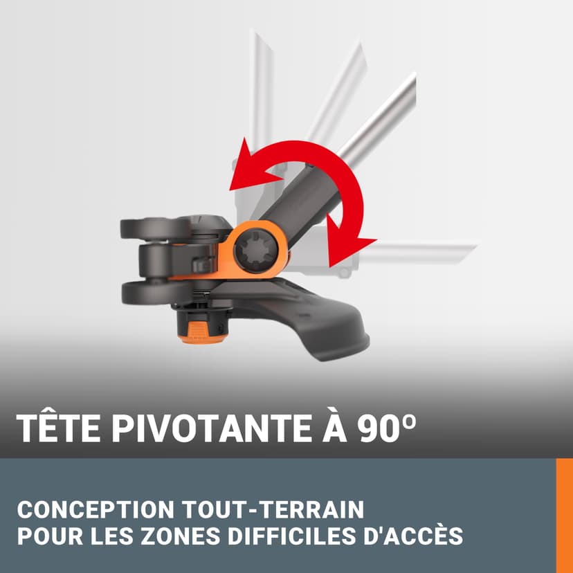 WORX Coupe-Bordures 2 en 1 sans Fil 20V WG163E.1, diamètre de 30 cm, se transforme en dresse-bordures, poignée Amovible, capot de protection, tête amovible 90°, livré avec une batterie 2Ah et chargeur - 7