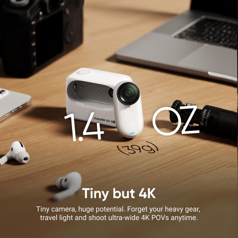Insta360 GO 3S 64GB Arctic White - 4K Tiny Portable Vlogging Camera, Hands-Free POVs, Mount Anywhere, Stabilization, 140 Min Battery Life, 10m Waterproof, AI Editing, For Vlog, Travel, Outdoor - 2