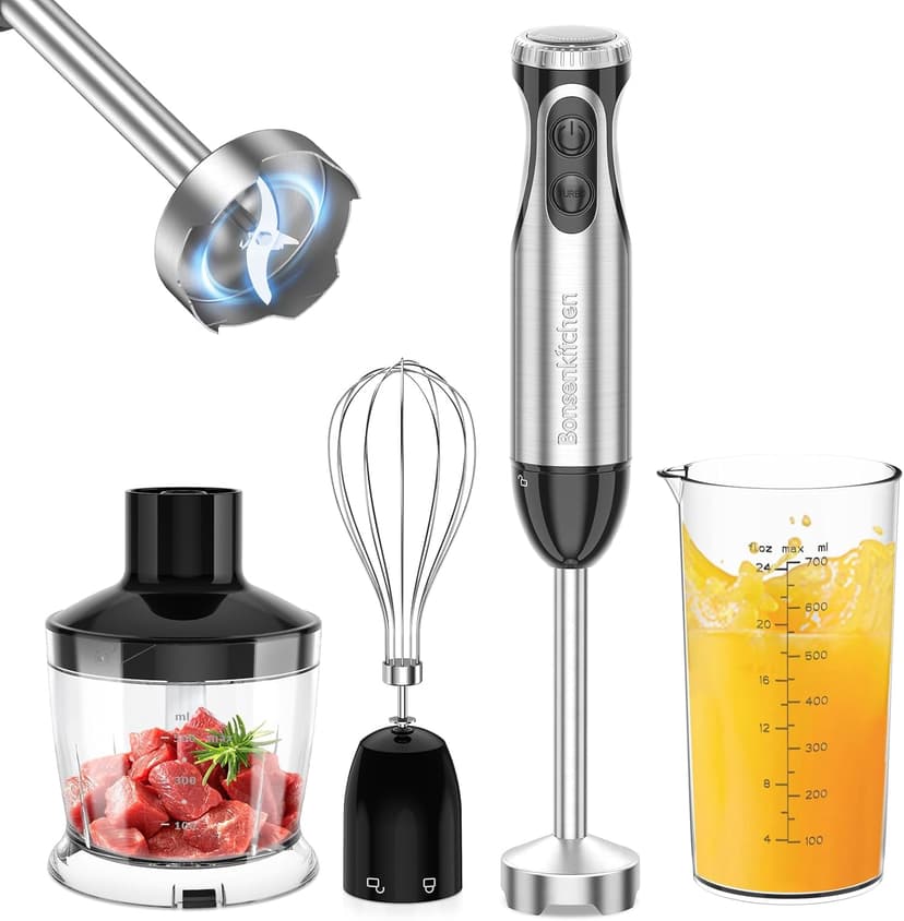 Bonsenkitchen Plunge Mixer, 4-in-1 Multi-Function 1000 W 20 Speed Adjustable with Whisk, 500 ml Chopper and 700 ml Measuring Jug, Kitchen Processor (HB3203) - 1