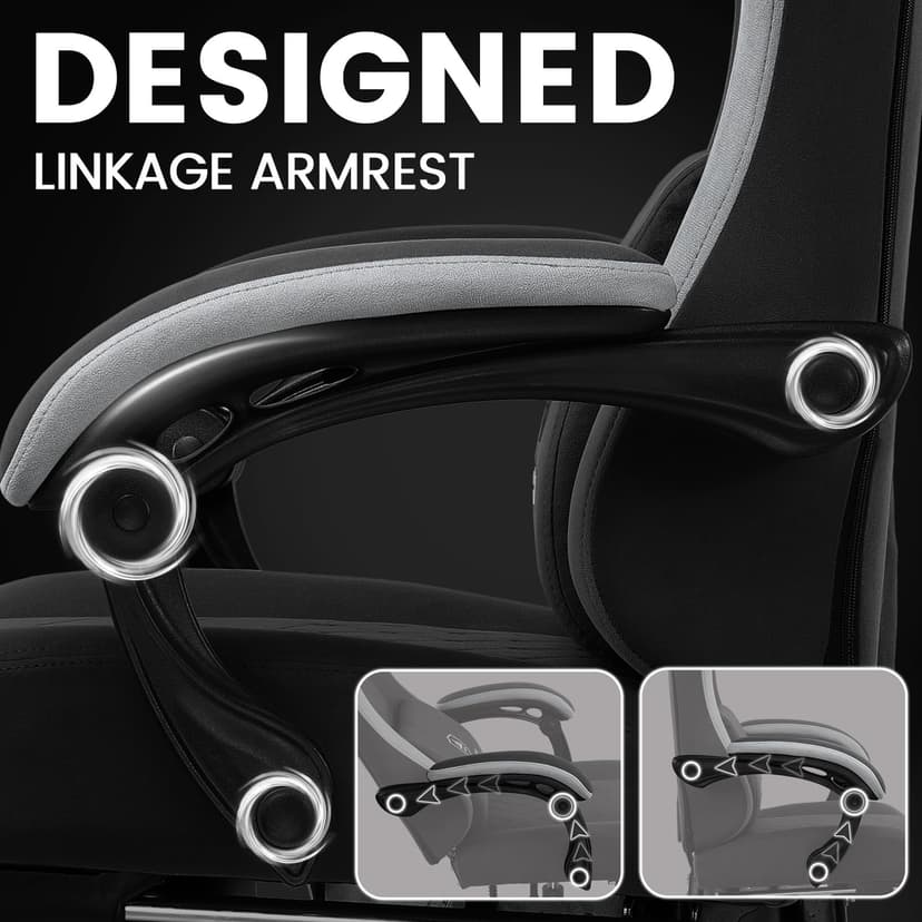 GTPLAYER Gaming Chair, Ergonomic Gaming Chair, Desk Chair with Fabric Surface, Spring Seat Cushion, Connecting Armrests and Footrest, Dark Black - 6