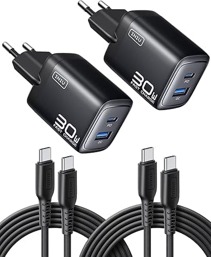 INIU 30 W USB C Charger Pack of 2, [USBC + USBA] Fast Charger with Cable, Gan PD 3.0 Multiple Power Supply, USB C Charger for iPhone 16 15 Pro Max, iPad, Galaxy S25 S24 S23 Ultra, Google ECC