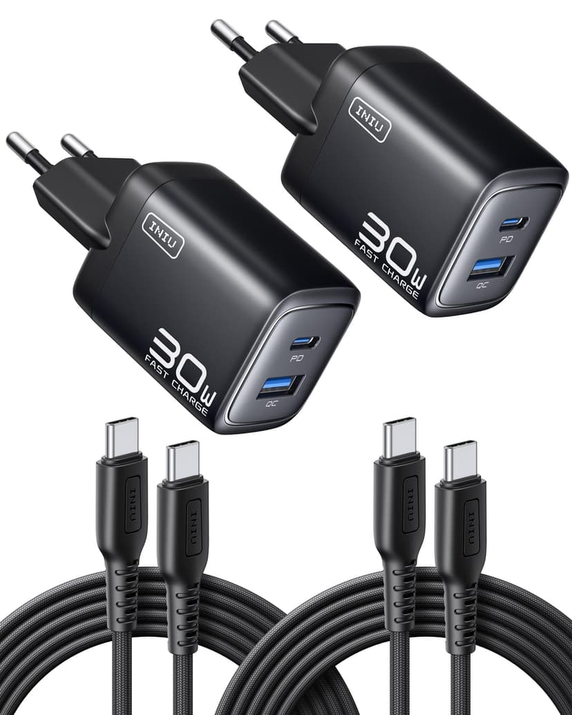 INIU 30 W USB C Charger Pack of 2, [USBC + USBA] Fast Charger with Cable, Gan PD 3.0 Multiple Power Supply, USB C Charger for iPhone 16 15 Pro Max, iPad, Galaxy S25 S24 S23 Ultra, Google ECC - 1