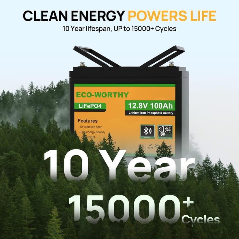 ECO-WORTHY 12 V 100 Ah LiFePO4 Bluetooth with BMS Low Temperature Protection, 1280 Wh Lithium Battery 12 V 100 Ah Car Battery for Motorhomes, Caravans, RVs - 7
