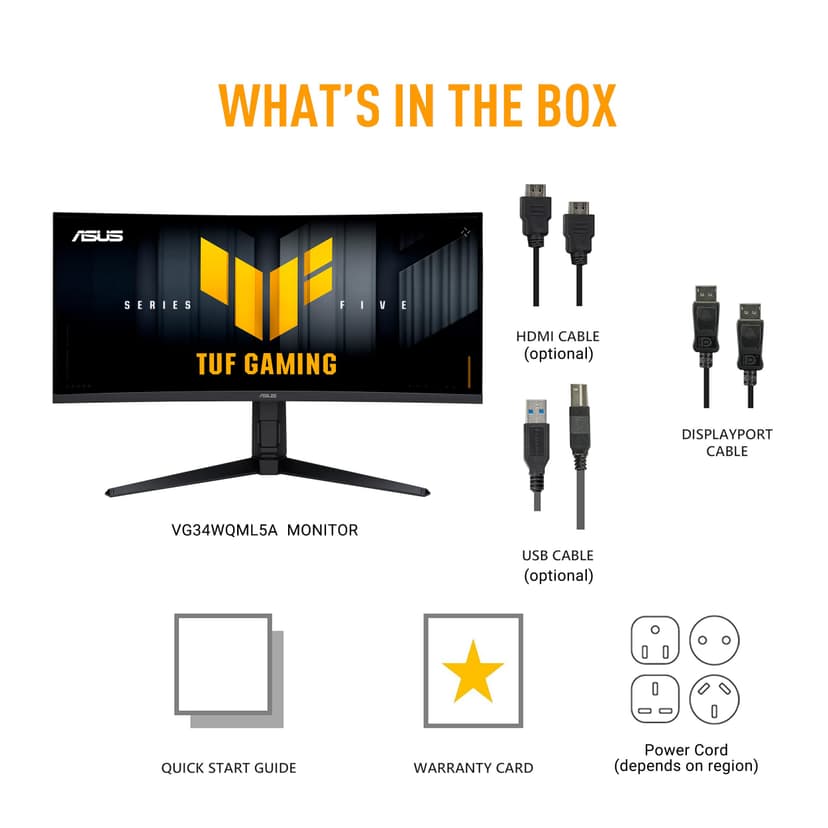 ASUS TUF Gaming VG34WQML5A Series 5 Gaming monitor ― 34-inch WQHD Fast-VA panel, 250Hz(OC), 0.5ms, AMD FreeSync Premium, DisplayHDR 400, 95-Percent DCI-P3, DisplayWidget Center, Gaming AI, HDMI 2.1 - 8