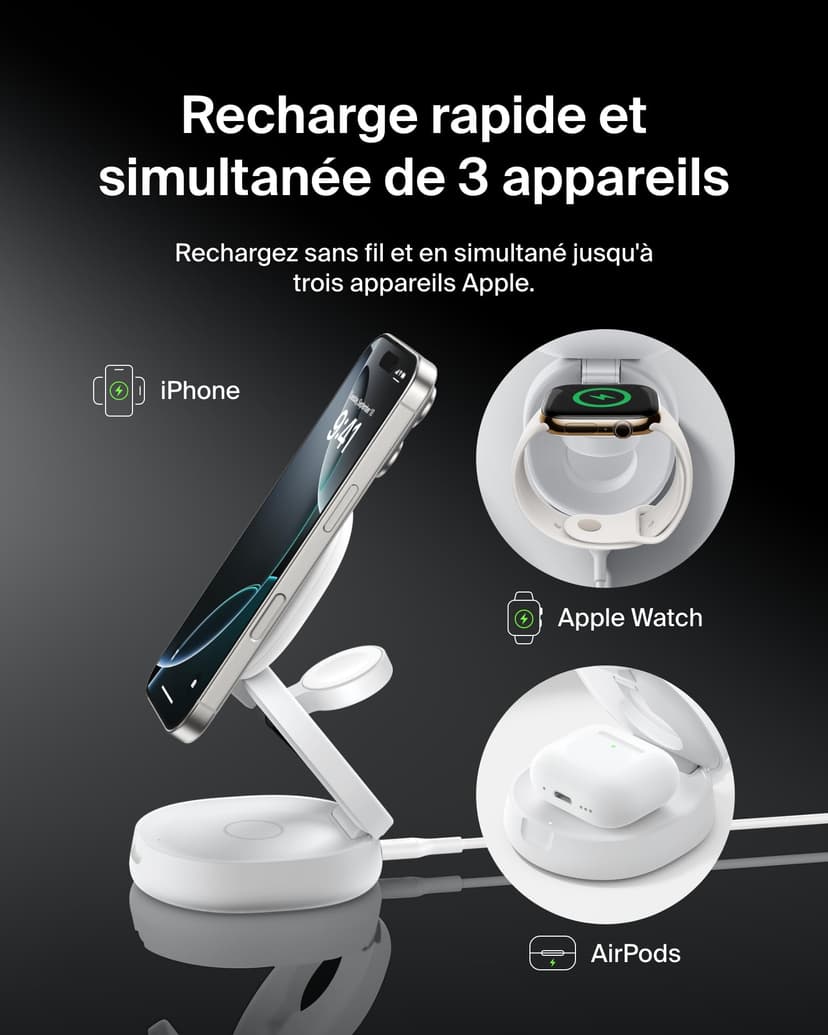 Belkin BoostCharge Station de Charge 3-en-1 Pliable, Chargeur Induction Compatible MagSafe, certifié Qi2, 15 W, pour iPhone 17, Air, Apple Watch, AirPods, Pixelsnap, Adaptateur 36W Inclus - Blanc - 2