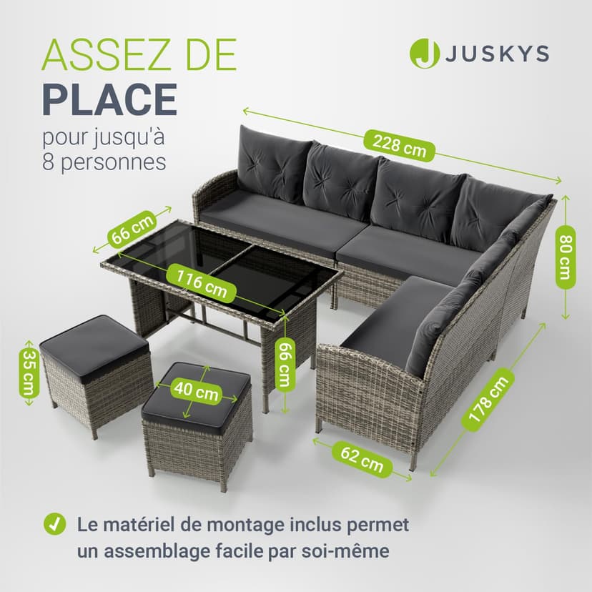 Juskys Salon de Jardin Lounge Manacor en polyrotin Gris moucheté - avec canapé, Table, 2 tabourets et Coussins - Ensemble de Meubles de Jardin jusqu'à 7 Personnes - Housses Grise - 5