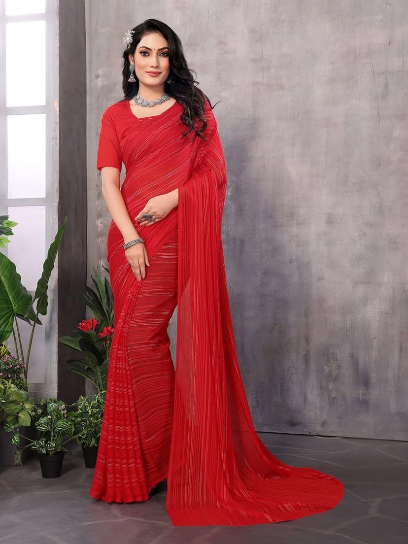 ETHNICMODE Indian Soft Satin Light Weight Party Wear Red Sari With Unstitched Red Blouse Piece-1110 - 4