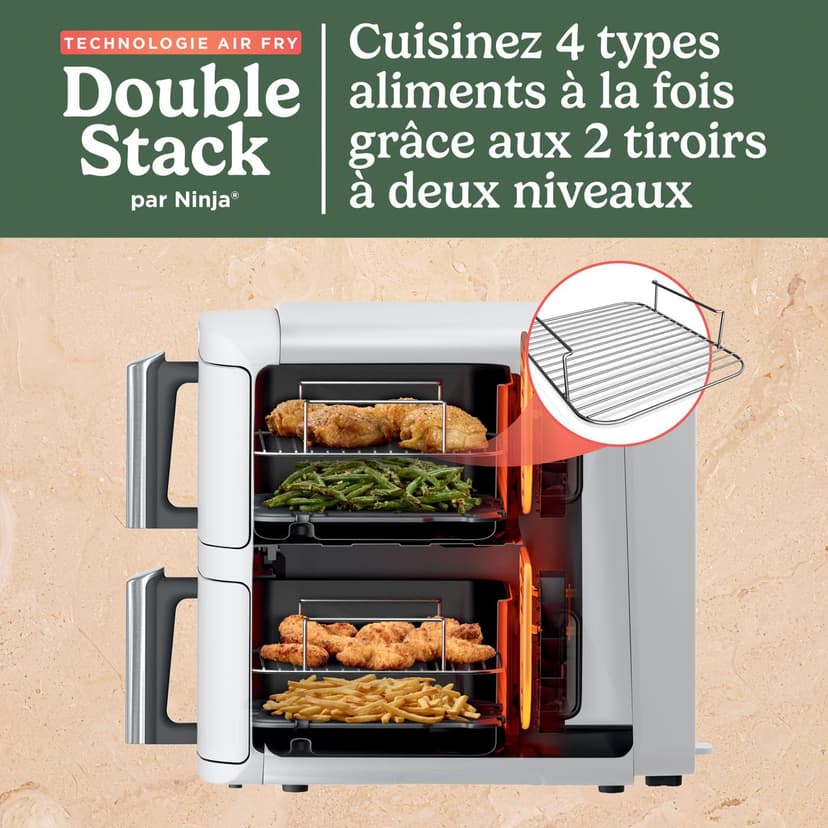 NINJA Double Stack XL Air Fryer, Friteuse sans huile Verticale Double Tiroir 4 Niveaux de Cuisson, 2 Tiroirs, 2 Grilles, Capacité de 9,5 L, 6 Fonctions, 8 Portions, Pinces, Blanc SL400EUWH - 2