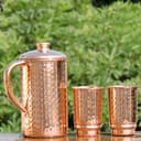 Pure Copper Ayurveda Pitcher and Tumbler Set - Hammered Design Jug with 2 Tumbers - 2