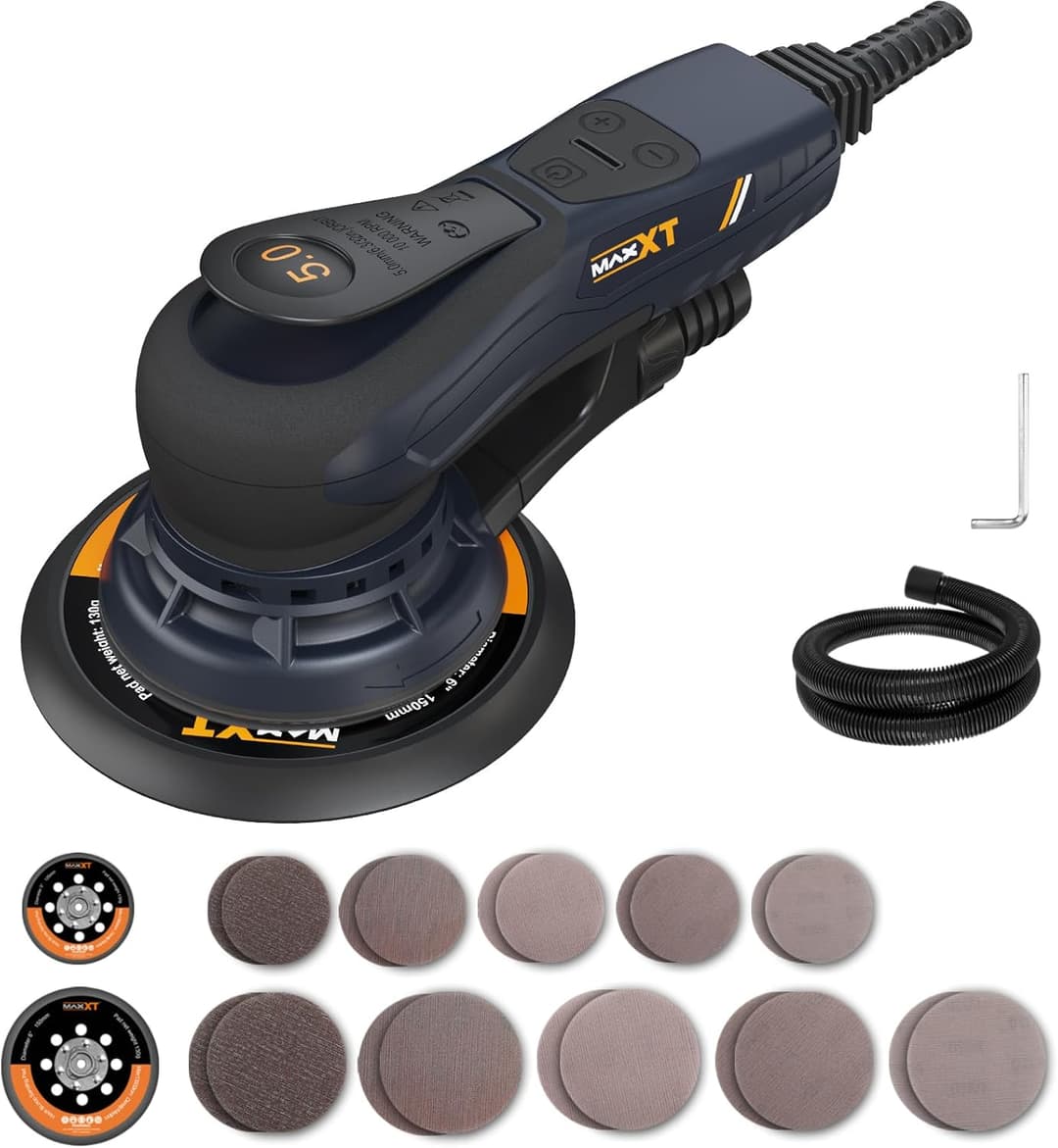 Smerigliatrice elettrica MAXXT senza spazzole da 350 W - Levigatrice orbitale 5.0 con dischi da 150 e 125 mm, attacco a tre punti, 4000-10000 giri/min (6 livelli), con 20 fogli