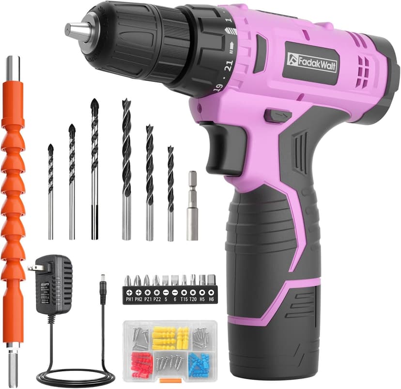 FADAKWALT 12V CordlessDrill, Battery Power Drill Drivers, 3/8” inch Keyless Chuck, Electric Screwdriver Kit, 21+1 Torque Setting, Combi Drill with Li-Ion Battery and Charger(Pink) - 1
