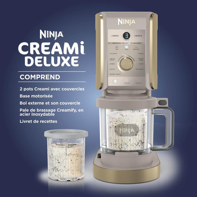 Ninja CREAMi Deluxe Machine a glace et sorbetière, 2 bacs, 10 fonctions, crème glacée, yaourts glacés, des milkshakes, des slush, Pièces amovibles lavables au lave-vaisselle, Stone/Or NC502EUSTGD - 2
