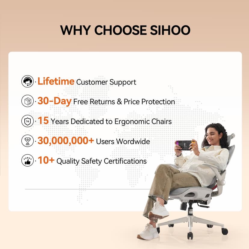 SIHOO B100 Ergonomic Office Chair, Comfy Desk Chair with Adaptive Dynamic Lumbar Support, Computer Chair with Extra Wide Headrest, Flip-Up Armrests, 90-135° Tilt Lock and Breathable Mesh Cushion - 8