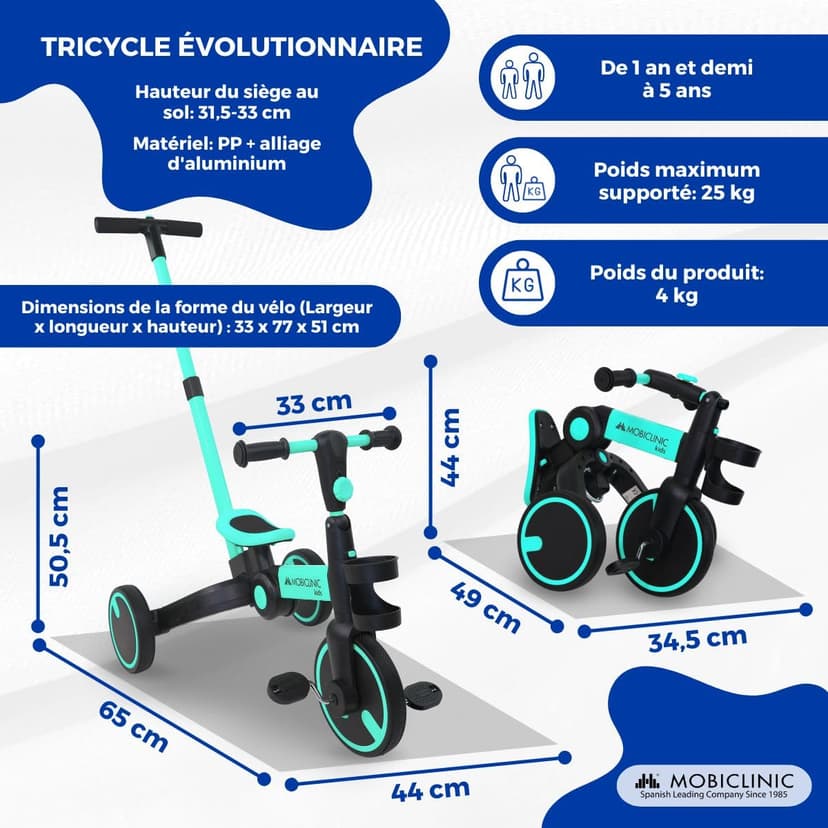Mobiclinic®, 5-in-1 Tricycle, Balance bike, Chase, Evolutive, Ages 1-5, Adjustable Handlebar and Seat, Ultralight, Toddler bike, Easy Assembly, Puncture-Proof Wheels, Up to 25 kg, Bottle Holder (Blue) - 2