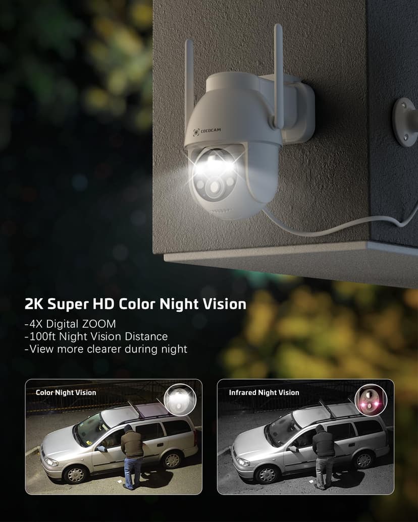 COCOCAM (2Pack Solar Camera Outdoor Wireless, 2K PTZ Security Cameras 2.4GHz WiFi, CCTV Surveillance Camera for Home Security, AI Motion Detection/Color Night Vision/2-Way Audio, IP66, Support Alexa - 3