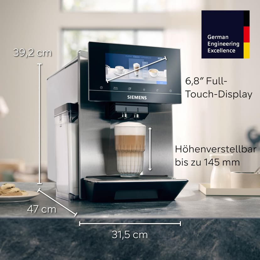 Siemens, machine à café automatique EQ900 TQ903D03, contrôle par l'application, écran tactile, mode barista, AromaBoost, réduction du bruit, broyeur premium, nettoyage à la vapeur, 1 500 W, inox - 2