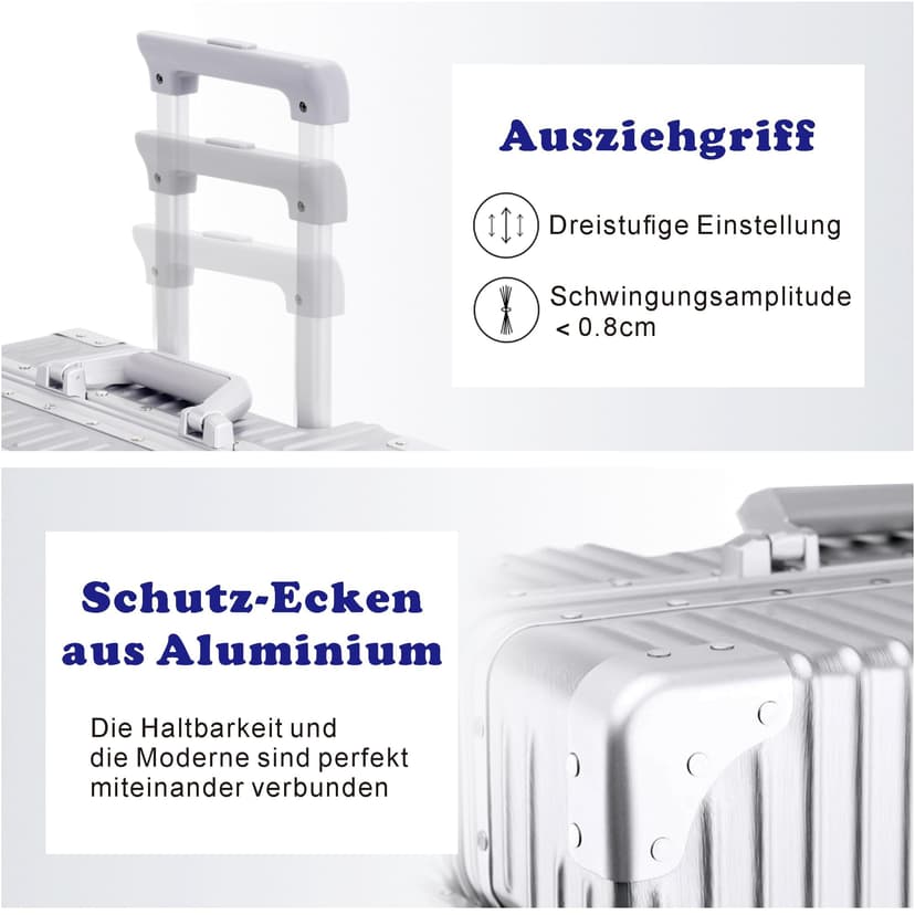 Aoliwei Suitcase Hand Luggage · Silver · Aluminium Frame · Hard Shells in Polycarbonate · Trolley Travel Luggage · Travel Suitcase with 4 Double Wheels · TSA Combination Lock · S-55 cm - 4