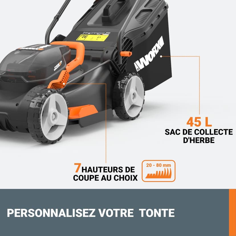 WORX Tondeuse à Gazon sans Fil 40V WG743E, Surface Max 500 m², Coupe de 40cm, Tonte jusqu'aux Bordures, 7 Hauteurs de Coupe, silencieuse, livrée avec 2 Batteries 4Ah et 1 Chargeur Double - 6