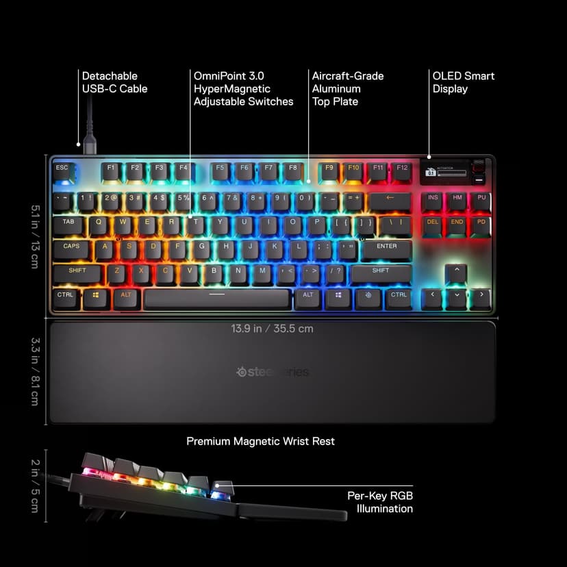 SteelSeries Commutateurs hypermagnétiques Apex Pro TKL Gen 3 OmniPoint 3.0 — Actionnement réglable — Déclenchement rapide — Préréglages prêts pour le jeu — Mode de protection — Rapid Tap/SOCD — OLED — - 3