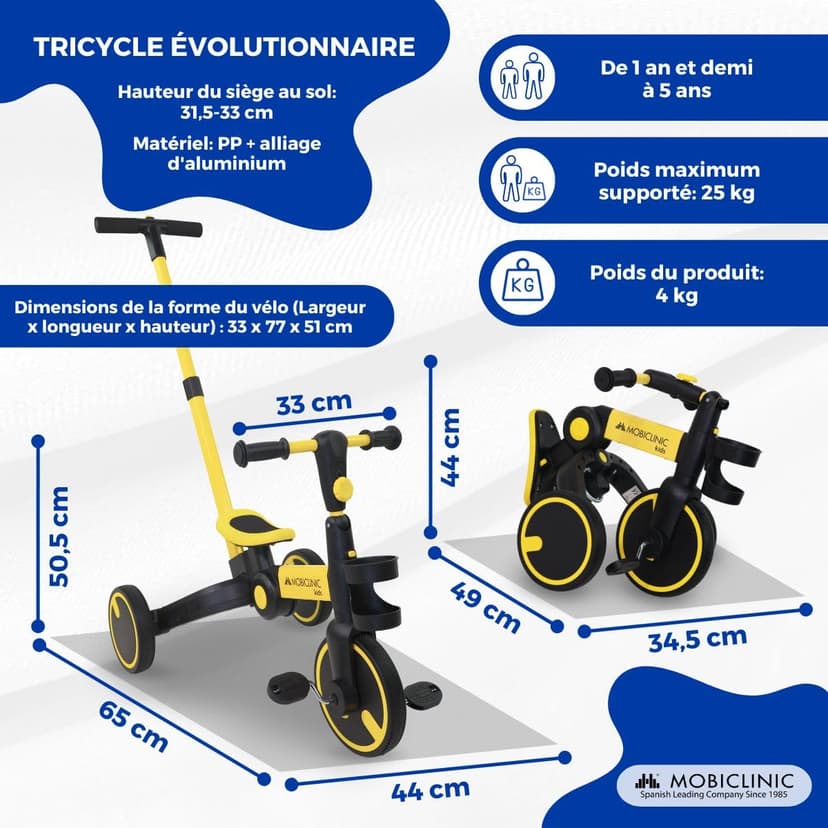 Mobiclinic®, Tricycle 5 en 1, Chase, Évolutif, De, À Ans, Guidon et siège réglables, Ultraléger 3, Kg, Montage Facile, Roues Anti-crevaison, Jusqu'à 25, Porte-Bouteille - 2